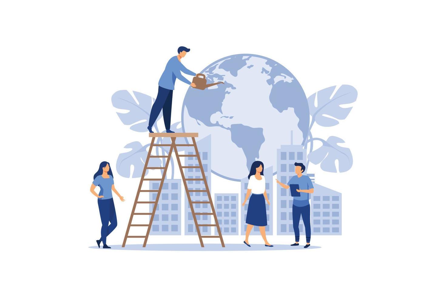 Vector flat illustration, little people are preparing for the holiday, saving the planet, World Environment Day, Bio technology, a city in the background of the planet vector