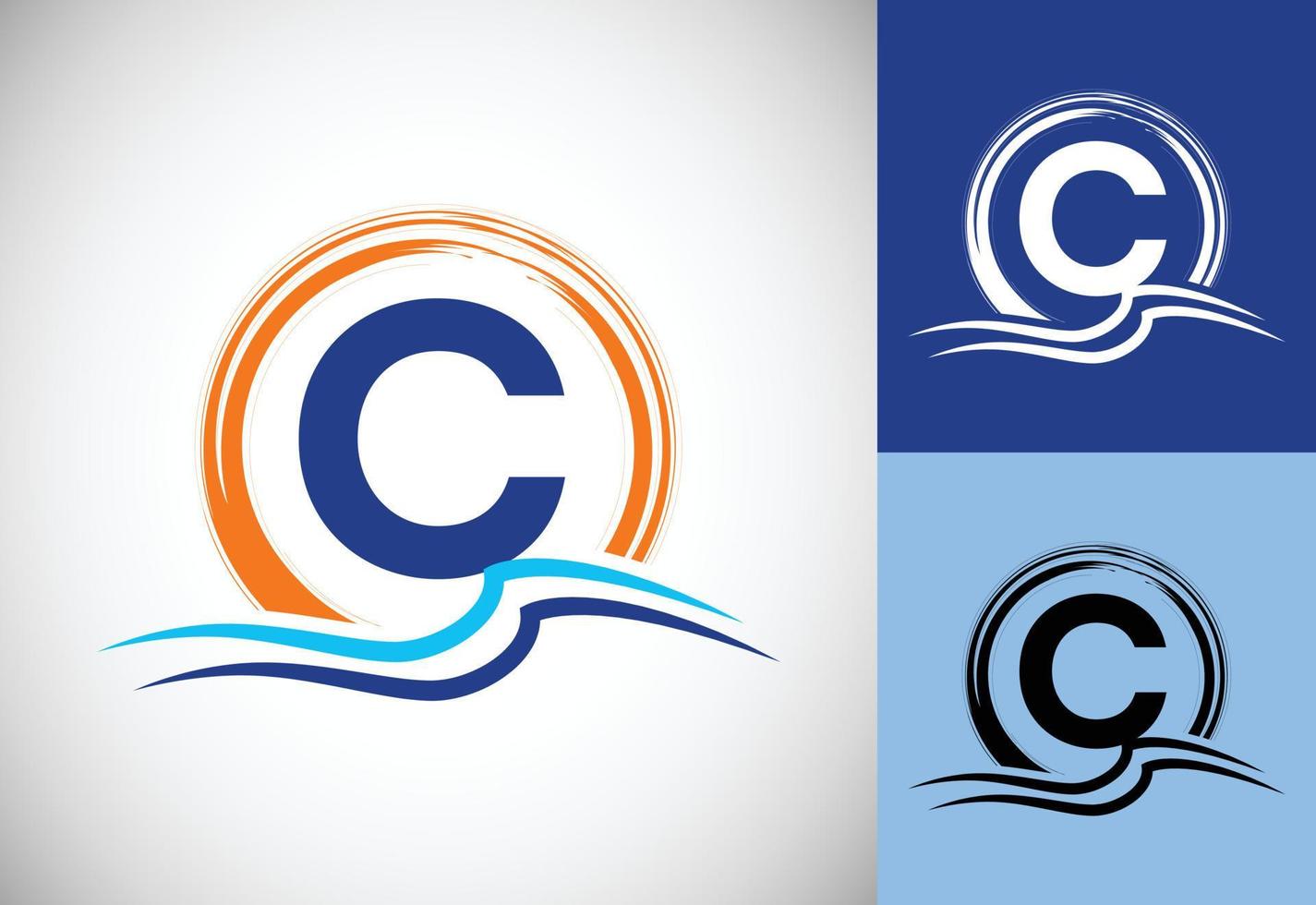 Initial C monogram letter with water ocean waves and the sun. Beach logo design concept vector