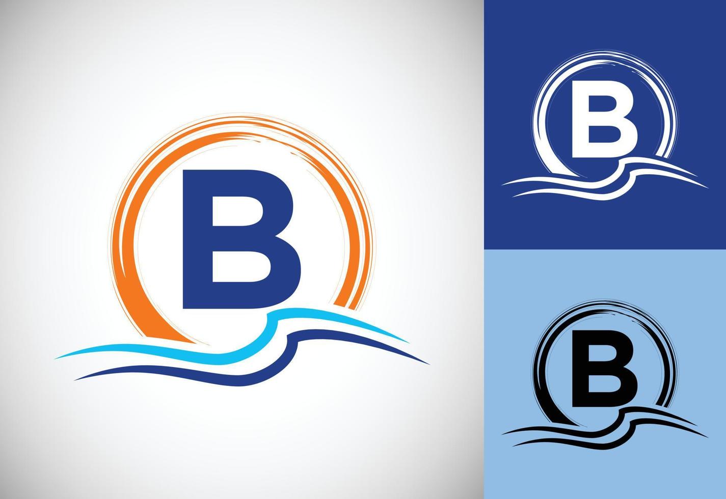 letra inicial del monograma b con agua, olas del océano y el sol. concepto de diseño de logotipo de playa vector