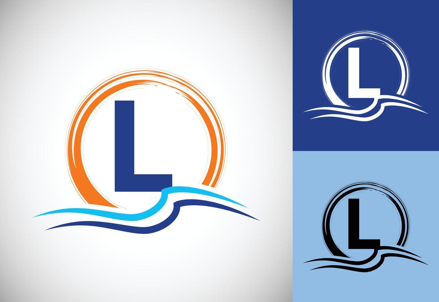 Initial L monogram letter with water ocean waves and the sun. Beach logo design concept vector