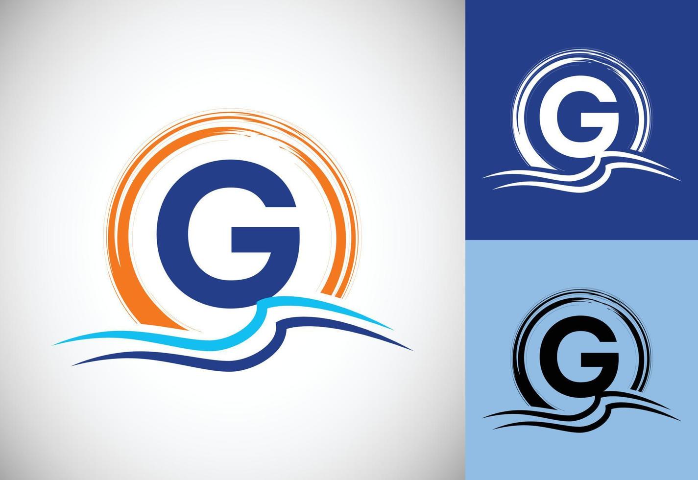 Initial G monogram letter with water ocean waves and the sun. Beach logo design concept vector