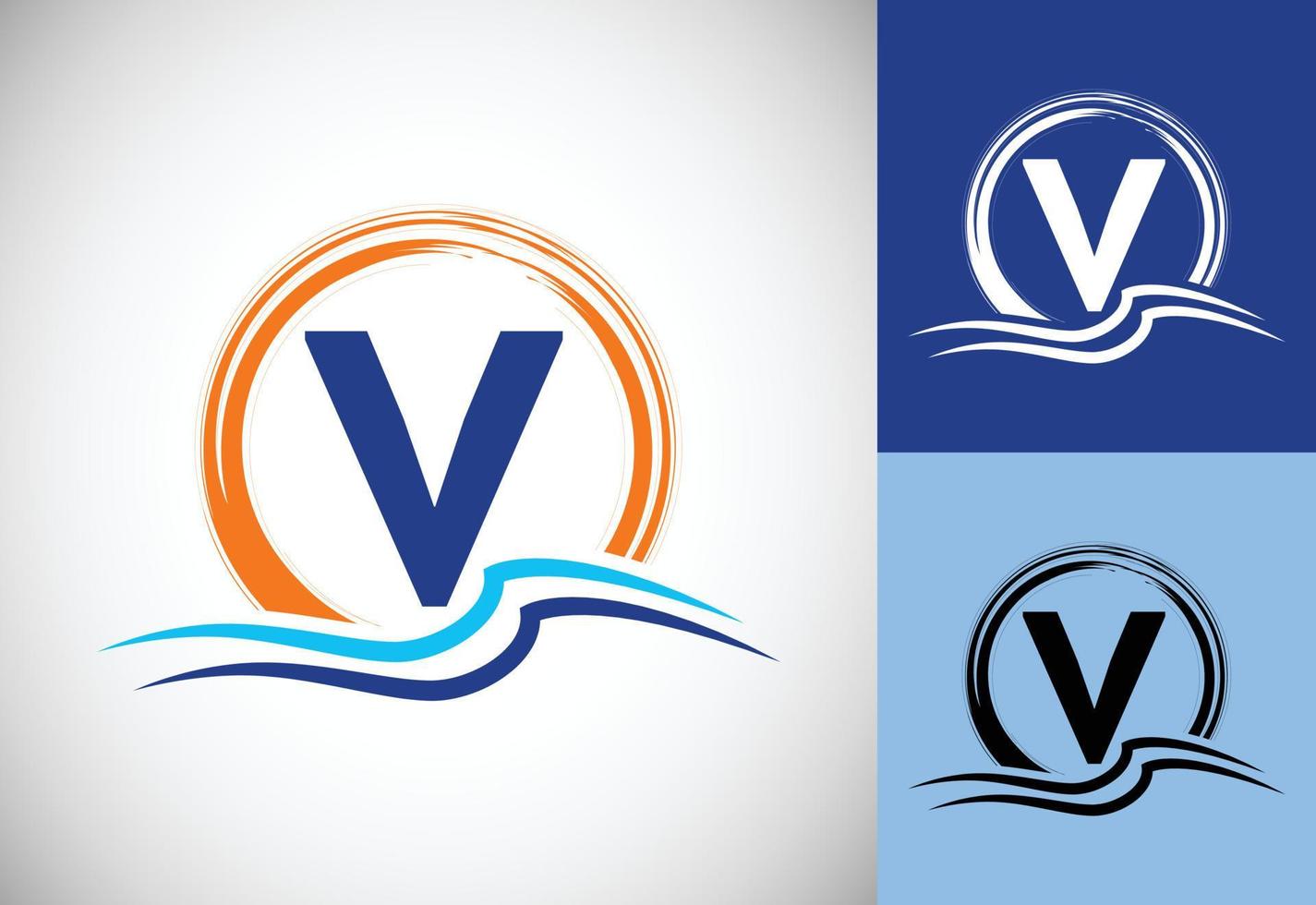 Initial V monogram letter with water ocean waves and the sun. Beach logo design concept vector