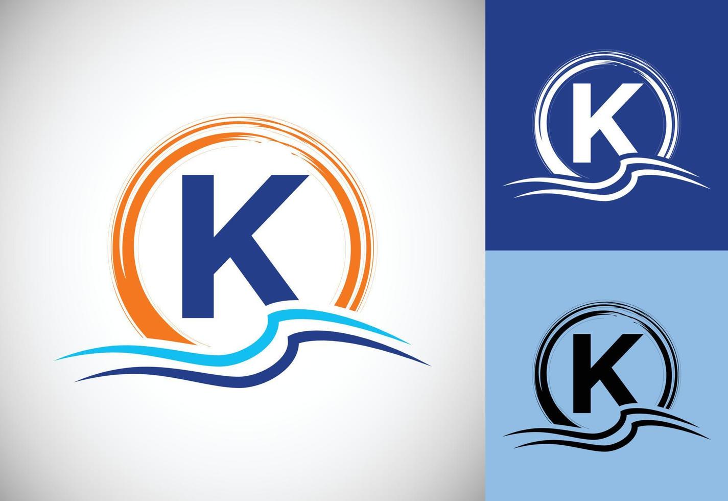 Initial K monogram letter with water ocean waves and the sun. Beach logo design concept vector