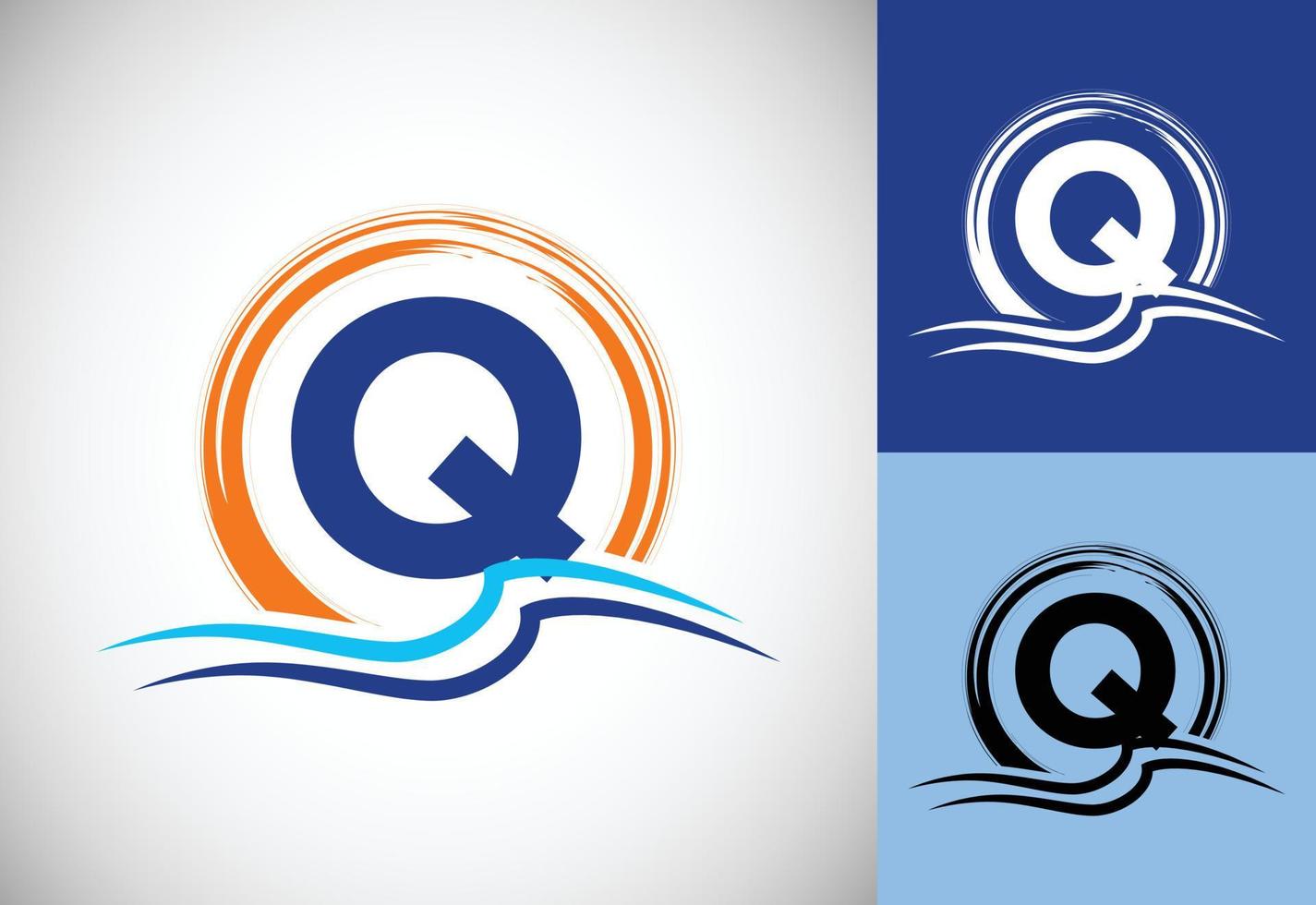 Initial Q monogram letter with water ocean waves and the sun. Beach logo design concept vector