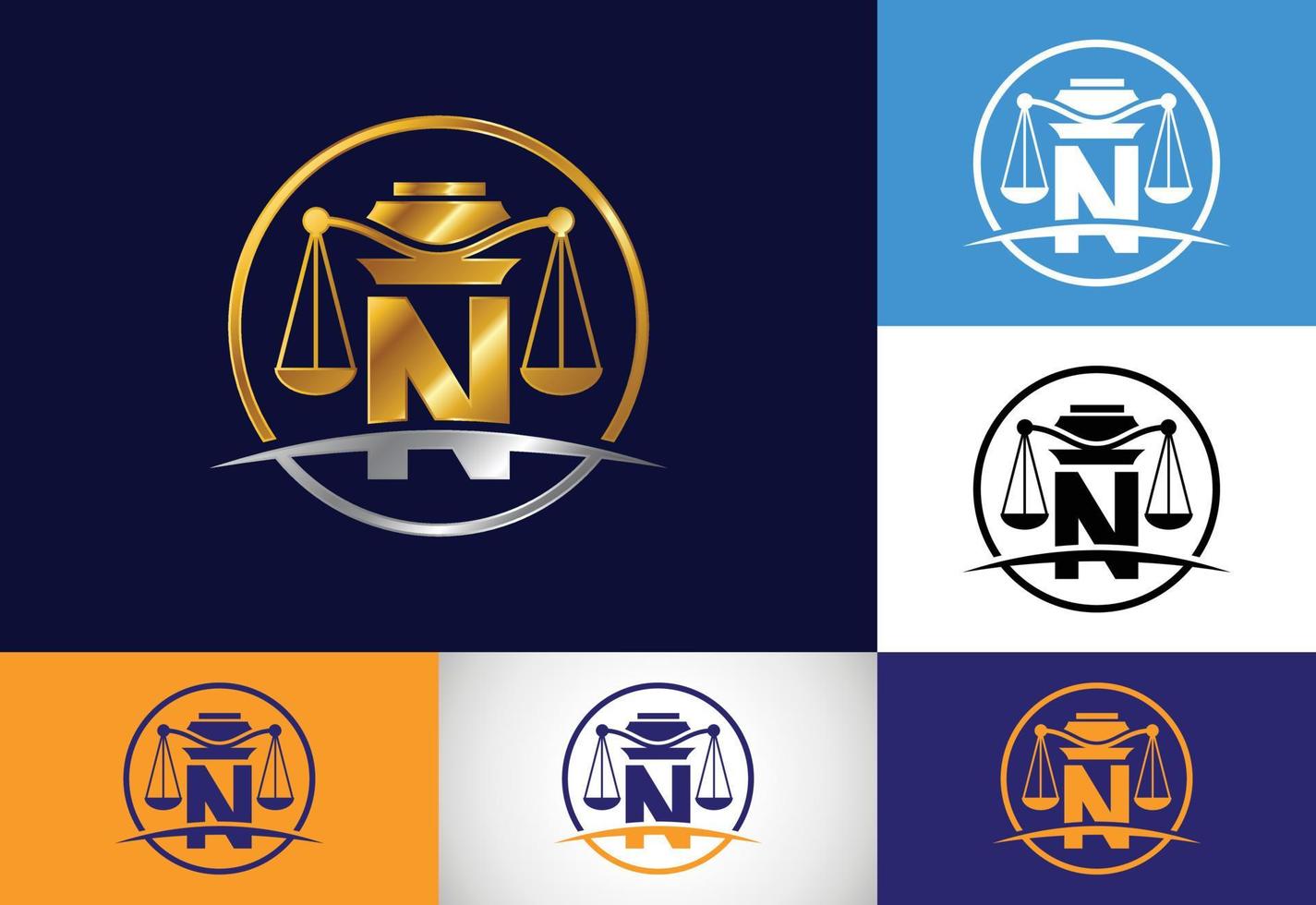 Initial N monogram alphabet with law scale sign symbol. Law office vector logo design template