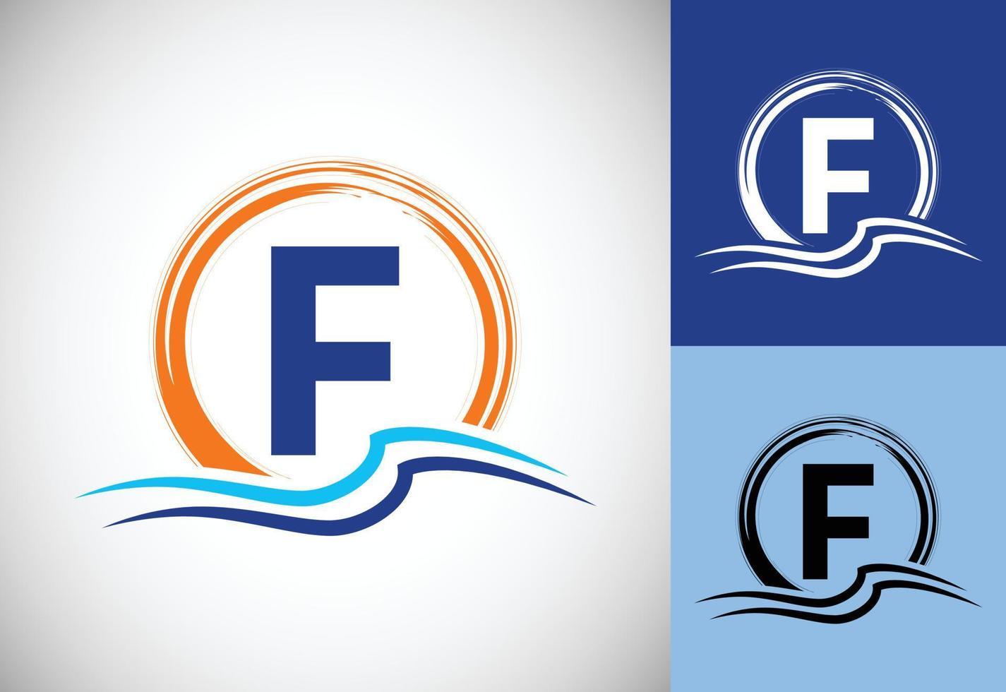 letra inicial del monograma f con agua, olas del océano y el sol. concepto de diseño de logotipo de playa vector