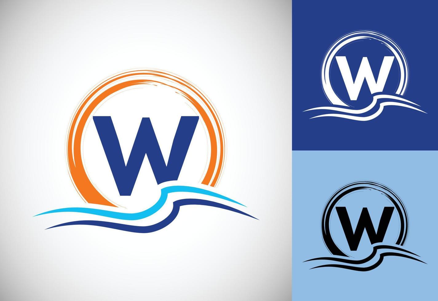 Initial W monogram letter with water ocean waves and the sun. Beach logo design concept vector