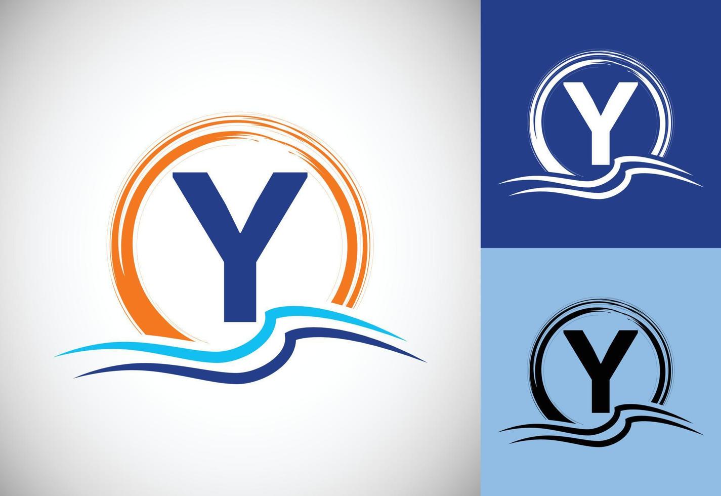 Initial Y monogram letter with water ocean waves and the sun. Beach logo design concept vector