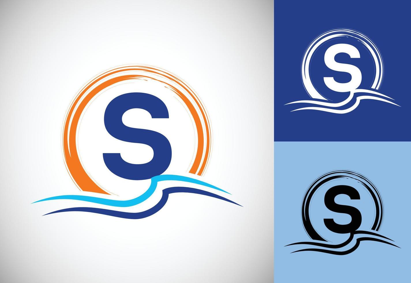 letra inicial del monograma s con agua, olas del océano y el sol. concepto de diseño de logotipo de playa vector