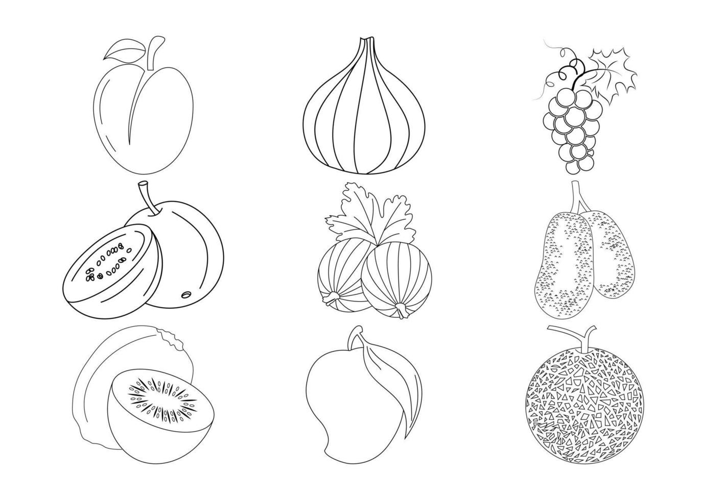 frutas para colorear páginas ilustración vectorial sobre fondo blanco, libro para colorear para niños vector