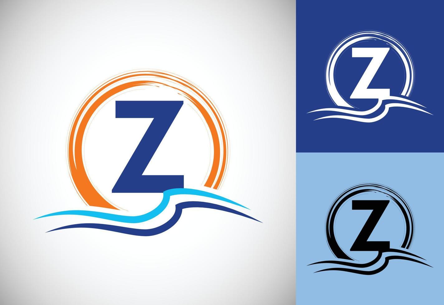 Initial Z monogram letter with water ocean waves and the sun. Beach logo design concept vector