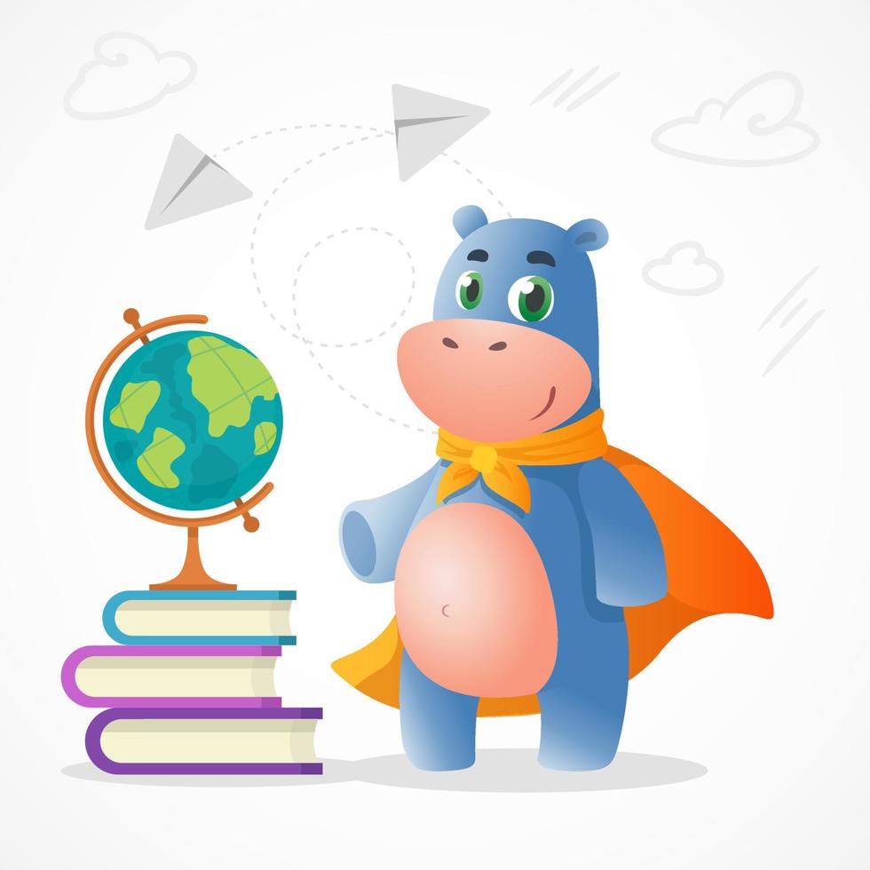 Cartoon hippopotamus kid mascot  standing near book pack and globe. Student crocodile saying Hi to children vector