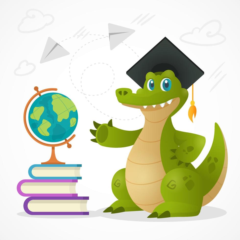Cartoon alligtor mascot in graduate hat standing near book pack and globe. Student crocodile saying Hi to children vector