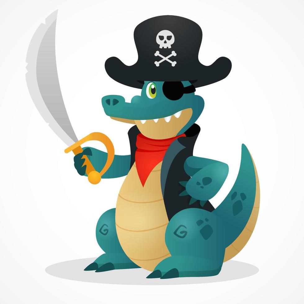 caricatura divertida mascota pirata cocodrilo sosteniendo sable. personaje animal plano para cuento de hadas e historia infantil. gorro de capitán con escuela vector