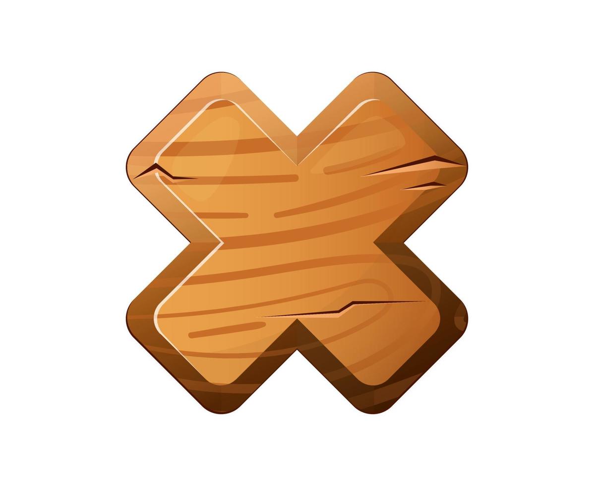 Wooden button cross for user interface design in a game, video player or website. Vector cartoon