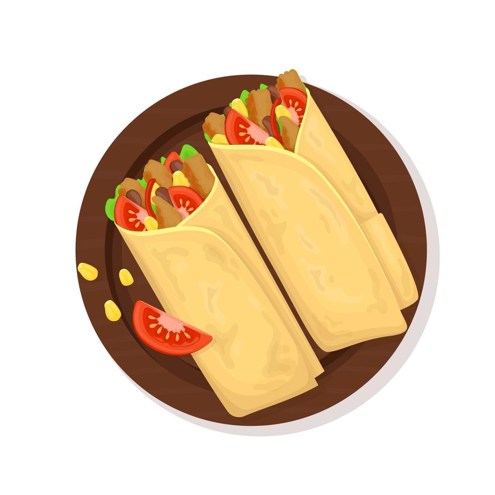 Burrito, fast food menu snack, doner, shawarma  vector snack sandwich. Fastfood restaurant, street food delivery and takeaway meals, Mexican burrito roll, gyros or shawarma doner sandwich