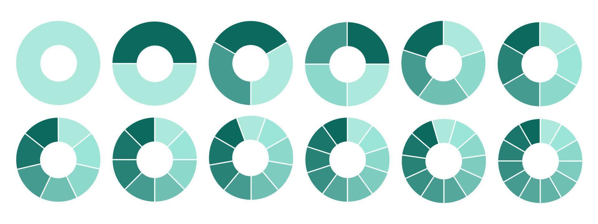 conjunto de círculos segmentados aislado sobre fondo blanco. un número diferente de sectores divide el círculo en partes iguales. vector