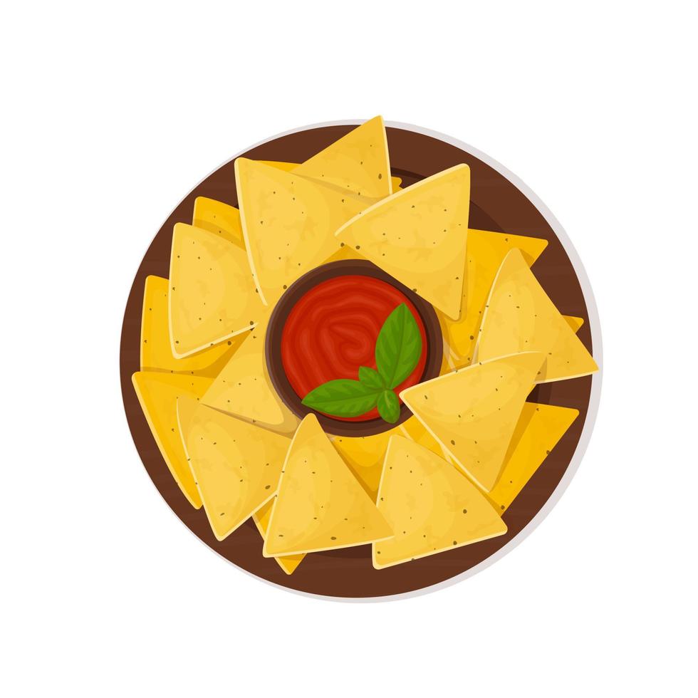 webmexican nachos tortilla de maíz con icono de salsa de salsa de tomate. nacho aislado en un fondo blanco. ilustración de chips de nacho. salsa tradicional mexicana con ilustración de nachos de maíz vector