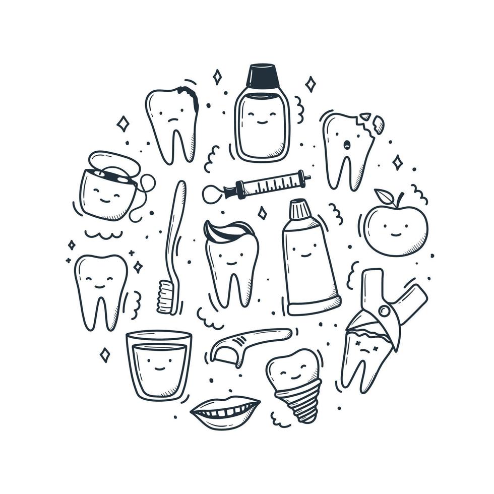 conjunto de dientes kawaii dibujados a mano en estilo garabato. lindas ilustraciones lineales simples. vector