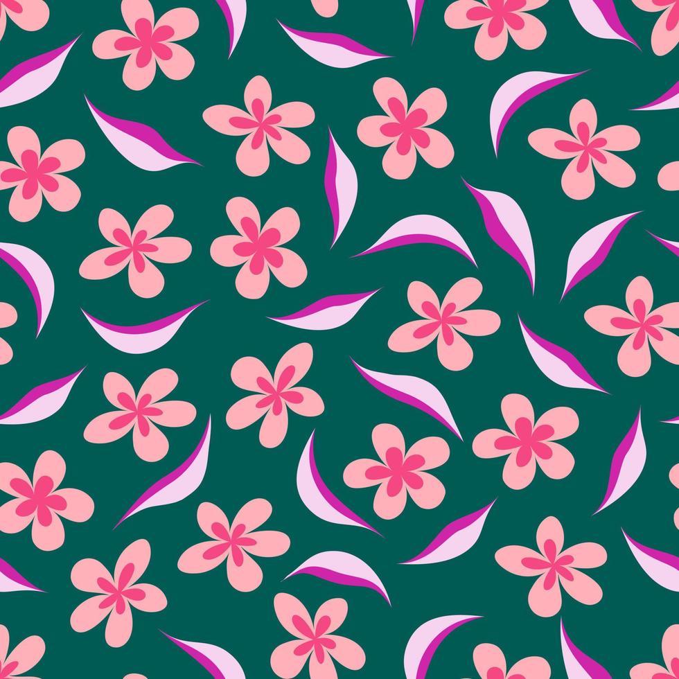 Vector seamless floral pattern. Pink flowers and leaves on an emerald dark green background. Luxury template for website design, product design, packaging, textiles, etc.