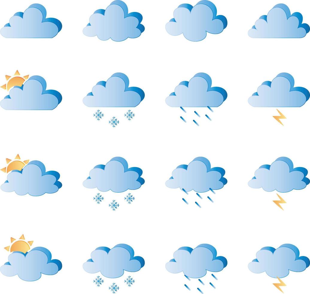 Weather icons for print, web or mobile app. Mega pack of colored weather icons. All icons for weather with sample usage vector