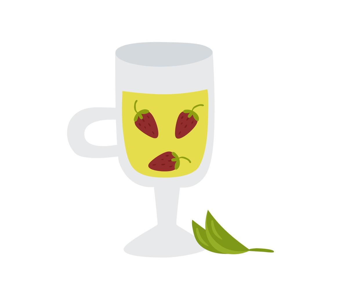 Glass mug of green herbal tea with strawberries. Vector illustration of a healthy drink for design or decoration.