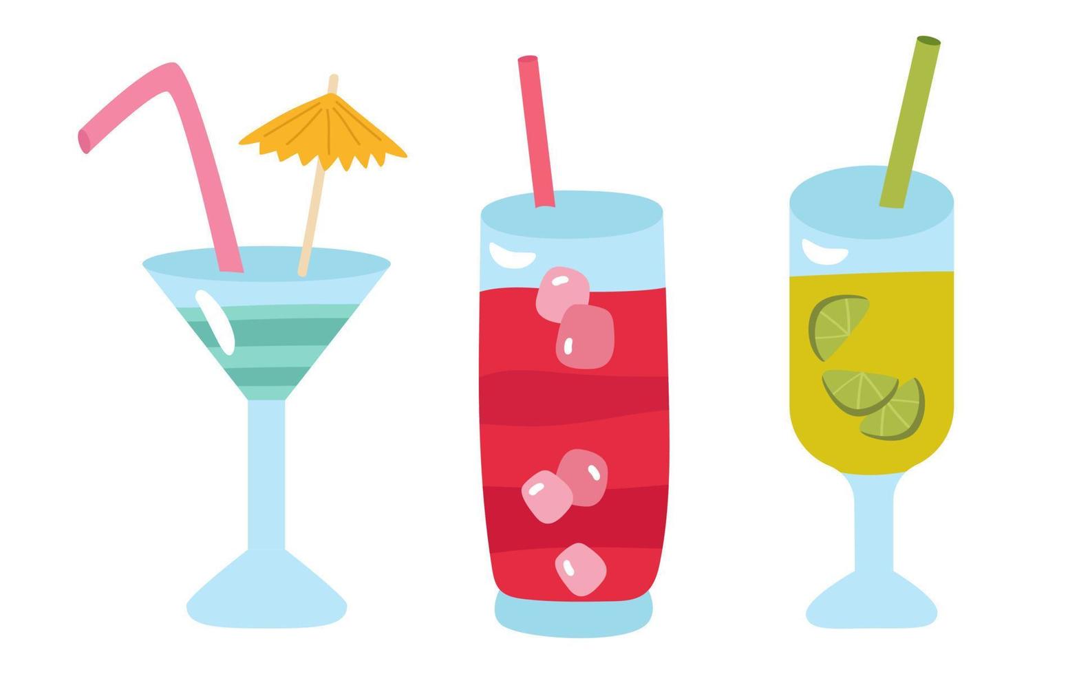 Beach cocktails with ice. Refreshing drink in glasses with tubes. Blue in layers, pink berry and green with lime. Vector illustration for a sunny summer.