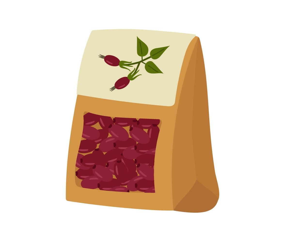 Craft packaging for natural tea with rosehip. A clipart of brown boxes for designer decor. Vector illustration