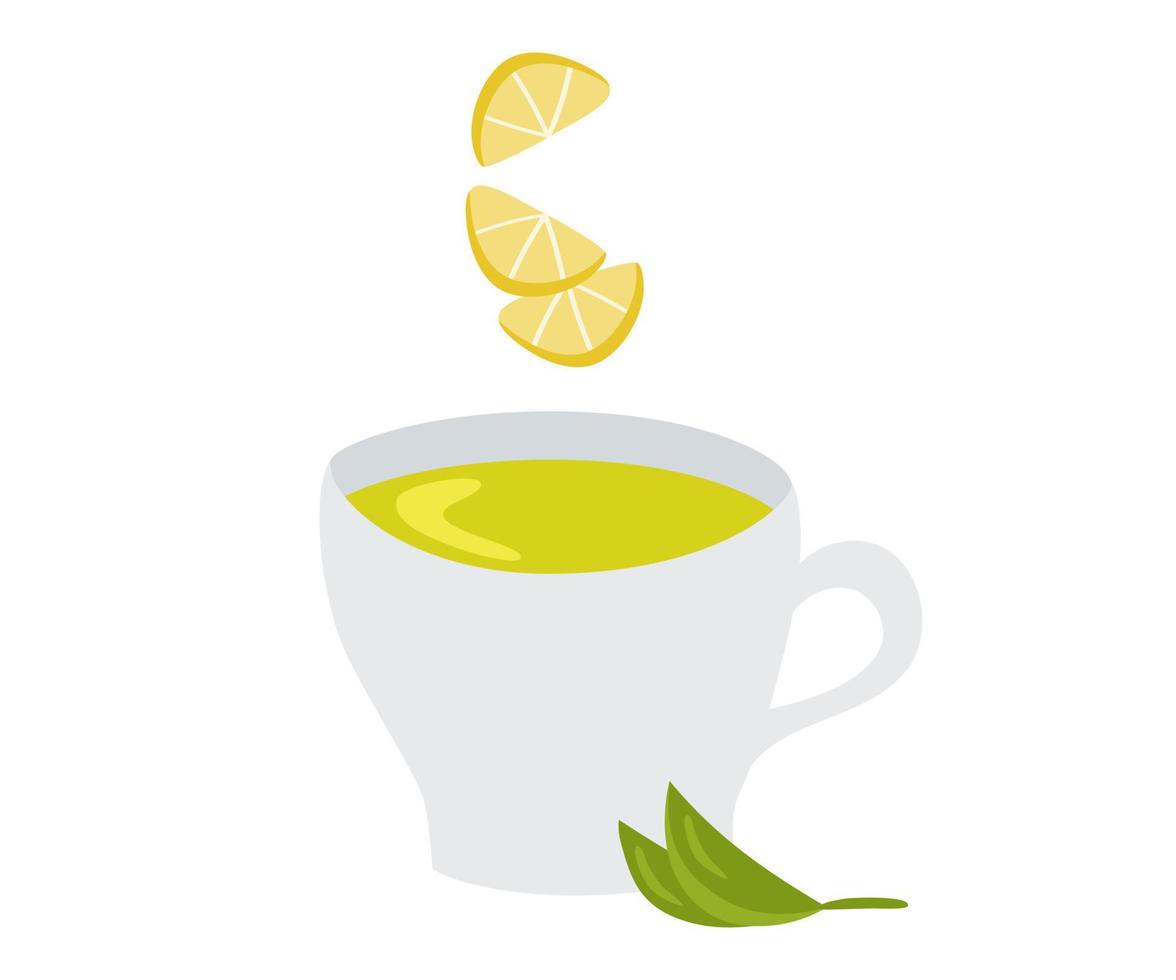 taza de té de hierbas verde con limón. ilustración vectorial de una bebida saludable para el diseño o la decoración. vector
