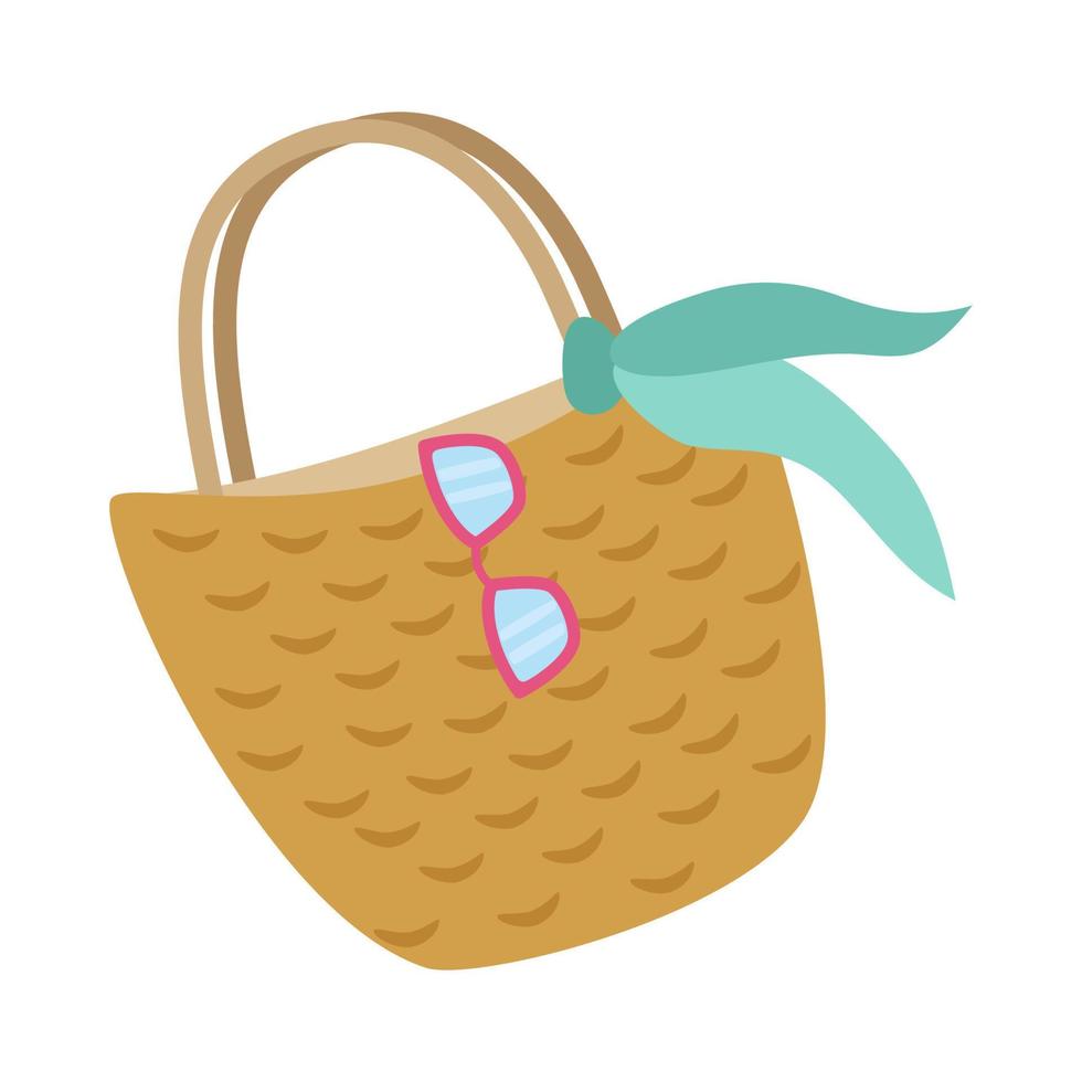 Beach wicker bag with sunglasses and a handkerchief tied on the handle ...