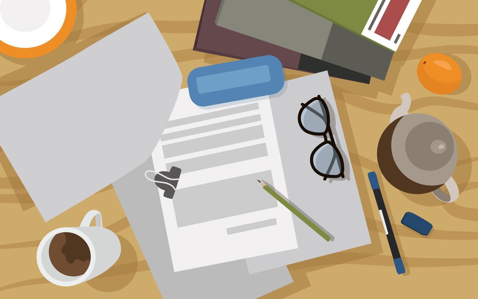Workspace of an office worker's desk is a top view. Papers, letterheads, folders, pen, pencil, books, glasses, an orange cup of coffee and a kettle. Vector business illustration.