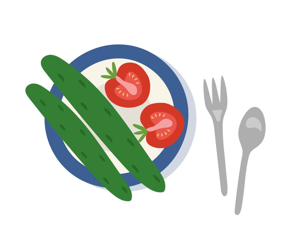 Cucumbers and tomatoes on a plate with a blue rim. Vector illustration for the concept of healthy and healthy food.