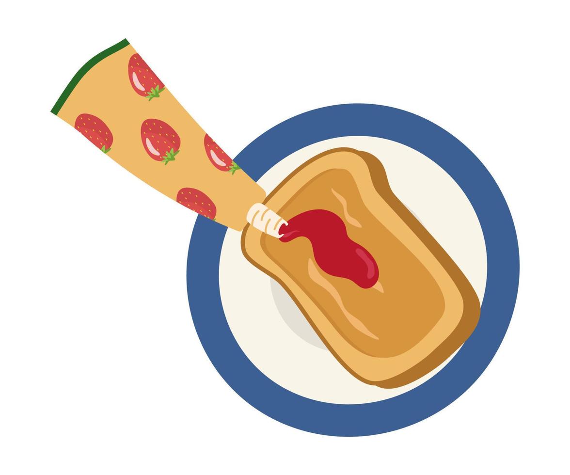 Toast with peanut butter and strawberry jam on a plate with a blue rim. Vector illustration for the concept of a delicious breakfast.