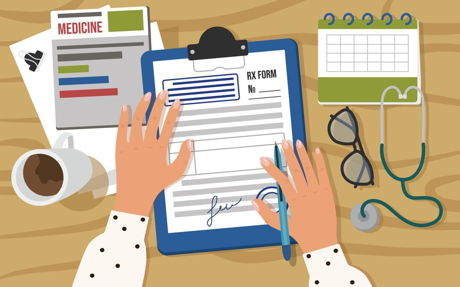 Female doctor fills out an RX pharmaceutical prescription form for medicines with blue seals and stamps. Desktop workspace top view. Magazine, papers, pen, calendar, glasses, cup of coffee. vector