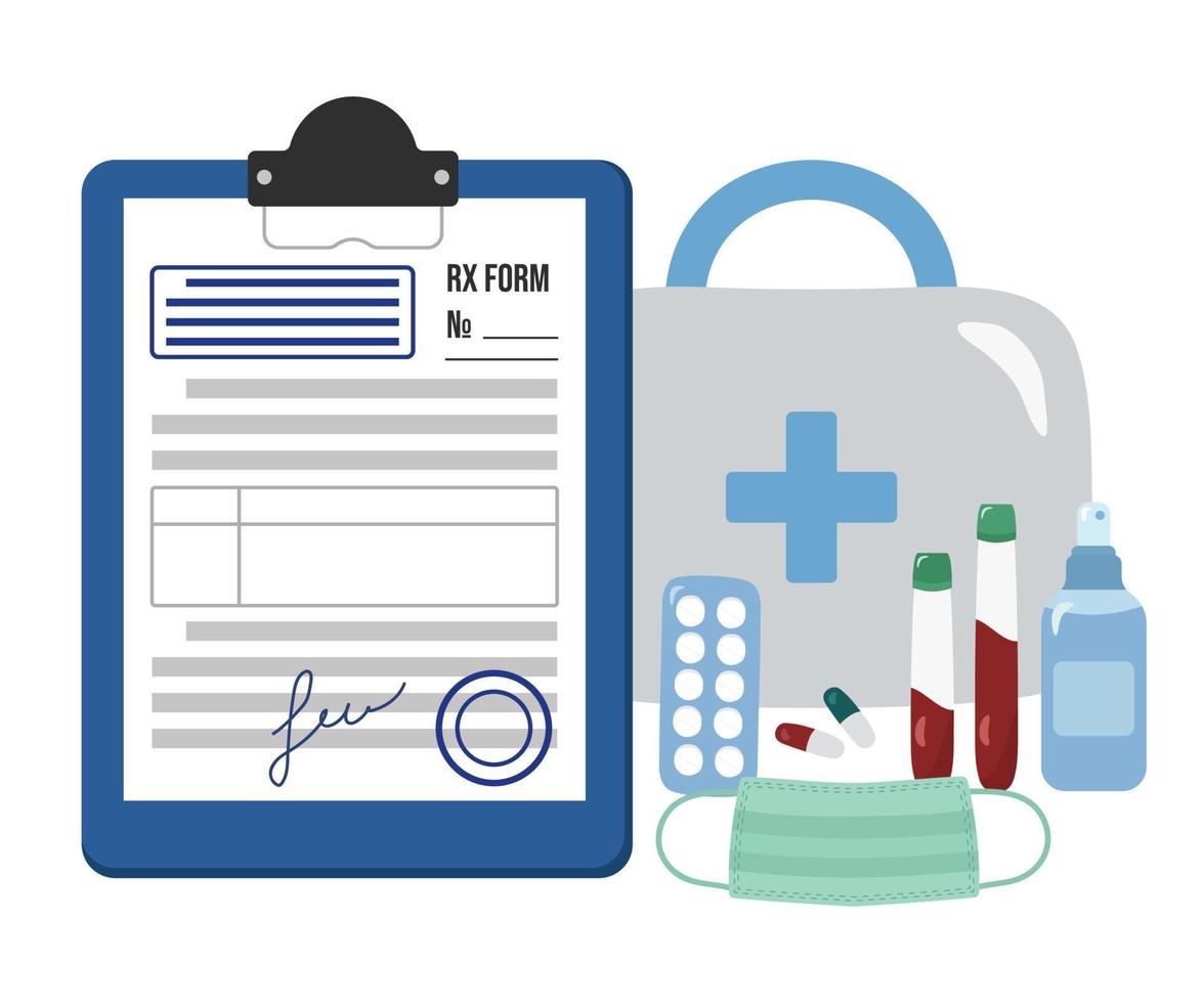 Pharmaceutical prescription form RX with blue seals and stamps of the doctor for medicines. First aid kit, mask, pills and test tubes. Vector illustration of the patient's treatment concept.