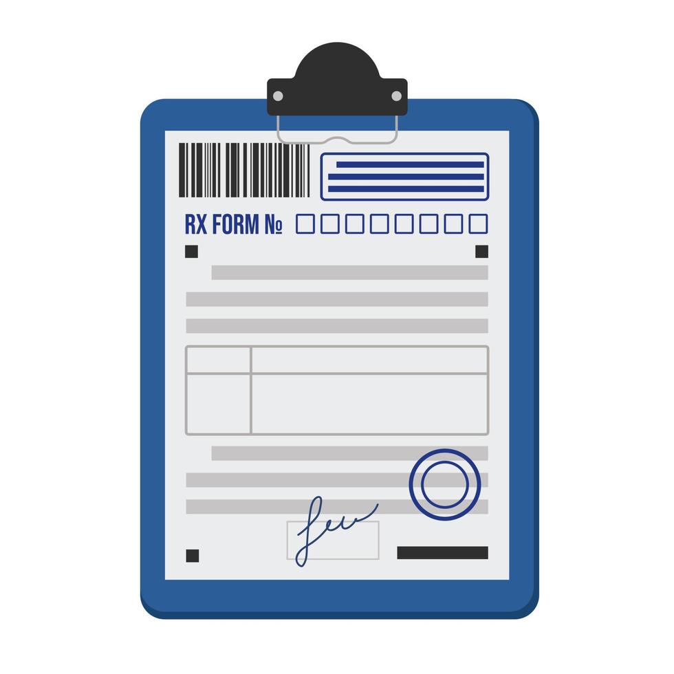 Pharmaceutical prescription form RX for medicines with a barcode. A sheet of paper with blue seals and stamps of a doctor on a stationery tablet. Vector illustration.