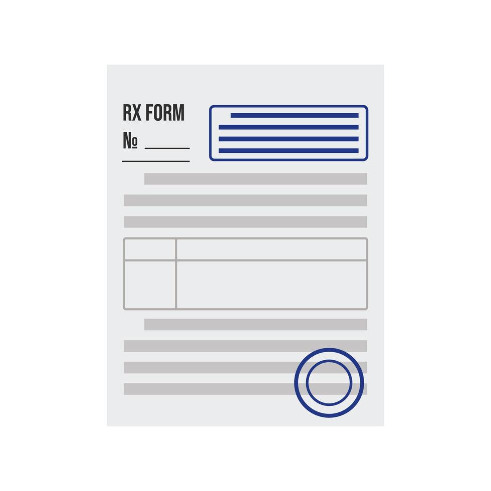 Pharmaceutical form RX prescription for medicines. A sheet of paper with blue seals and stamps of a doctor. Vector illustration of the patient's treatment concept.