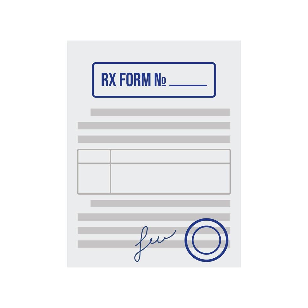 Pharmaceutical form RX prescription for medicines. A sheet of paper with blue seals and stamps, signed by a doctor. Vector illustration of the patient's treatment concept.