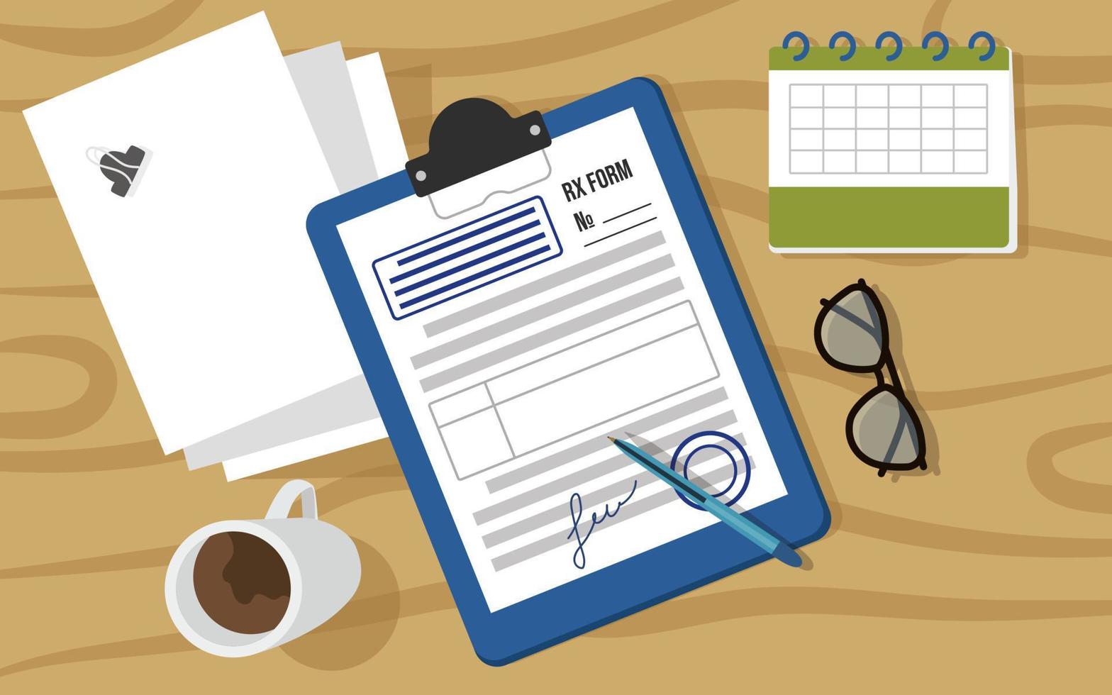 Workspace of the doctor's desk, top view. Pharmaceutical RX prescription form with blue seals and stamps for medicines. Papers, pen, calendar, glasses, a cup of coffee. Vector illustration.