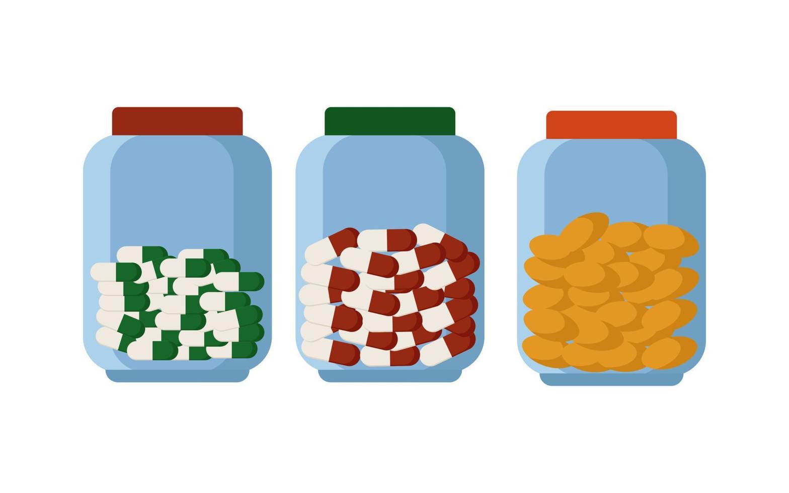 Medicinal pills and capsules in jars. Green, orange and red vitamins and antibiotics. Vector illustration of pharmaceutical products.