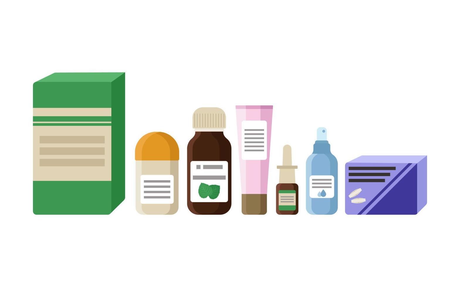 Medicines in tubes, packages and bottles. Pills, cream, nose drops, antiseptic, syrup, vitamins. Vector illustration of pharmaceutical products.