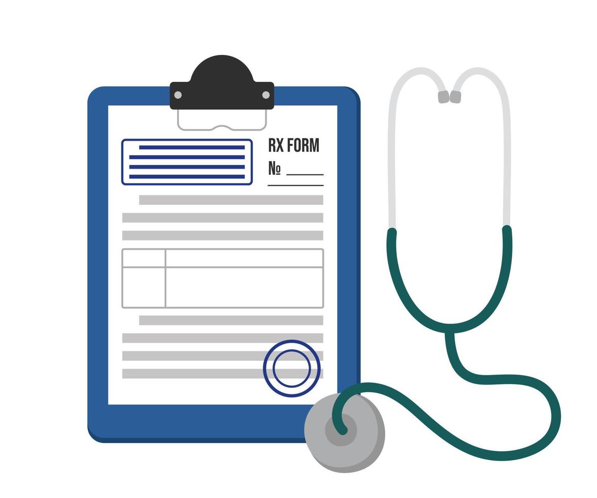 Pharmaceutical RX prescription form for medicines on tablet and stethoscope. A sheet of paper with blue seals and stamps of a doctor. Vector illustration of the patient's treatment concept.