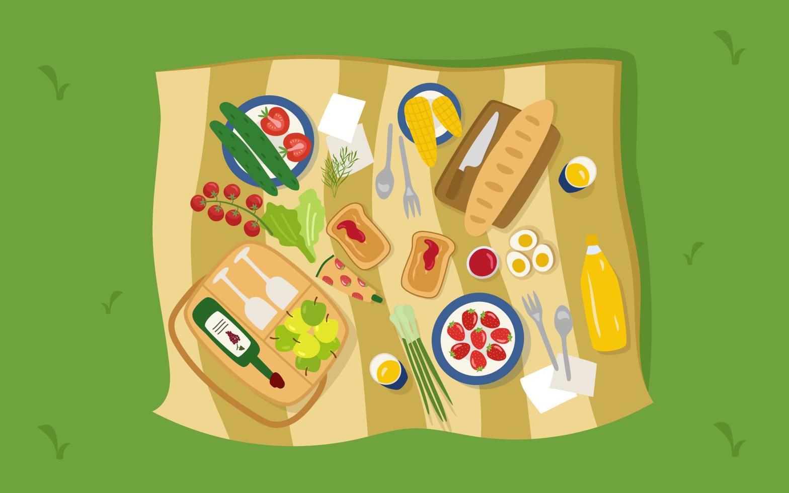 Picnic in nature, top view. A wicker basket with red wine and glasses and delicious raw food on a blanket. Tomatoes, cucumbers, strawberries, jam, apples, greens. Vector appetizing illustration.