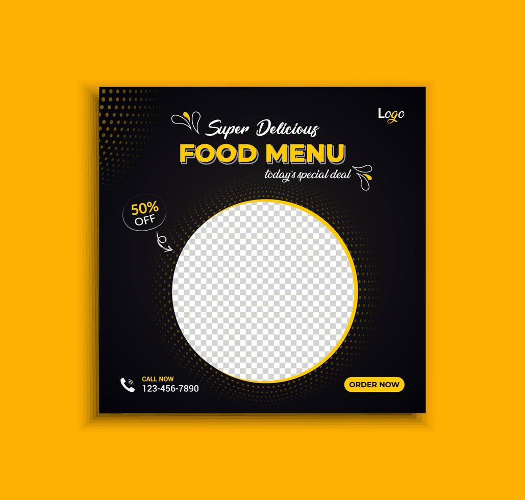 súper delicioso menú de comida publicación en redes sociales y diseño de plantilla de banner web vector