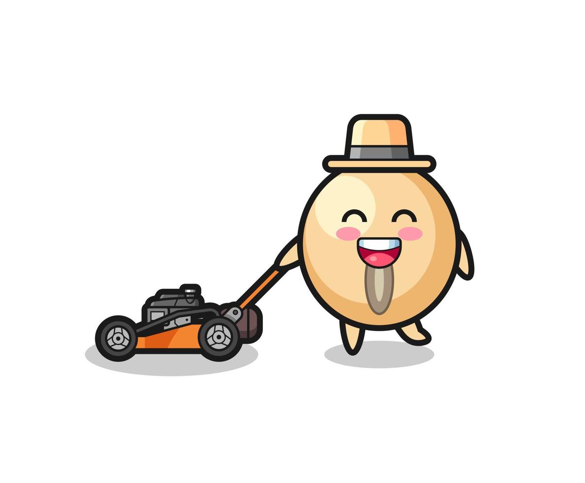 illustration of the soy bean character using lawn mower vector