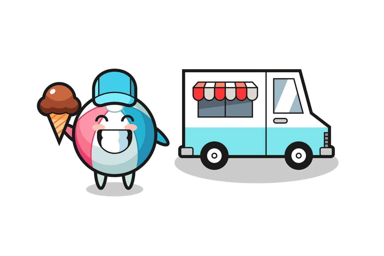 caricatura de mascota de pelota de playa con camión de helados vector