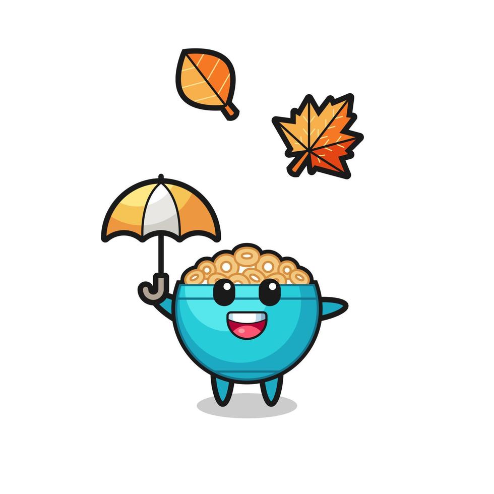 caricatura del lindo tazón de cereal sosteniendo un paraguas en otoño vector