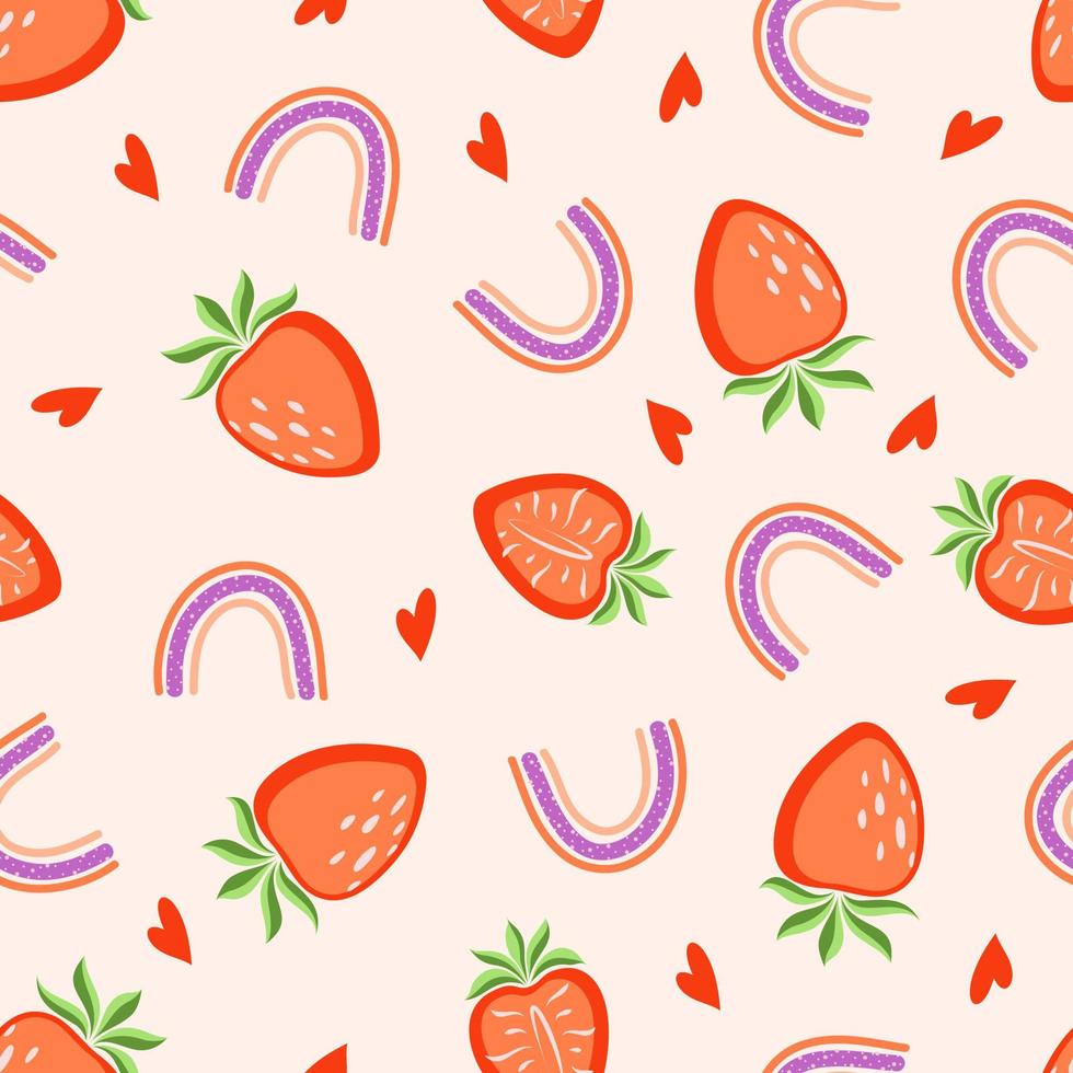 Seamless pattern with strawberries, rainbows and hearts on a pink background vector