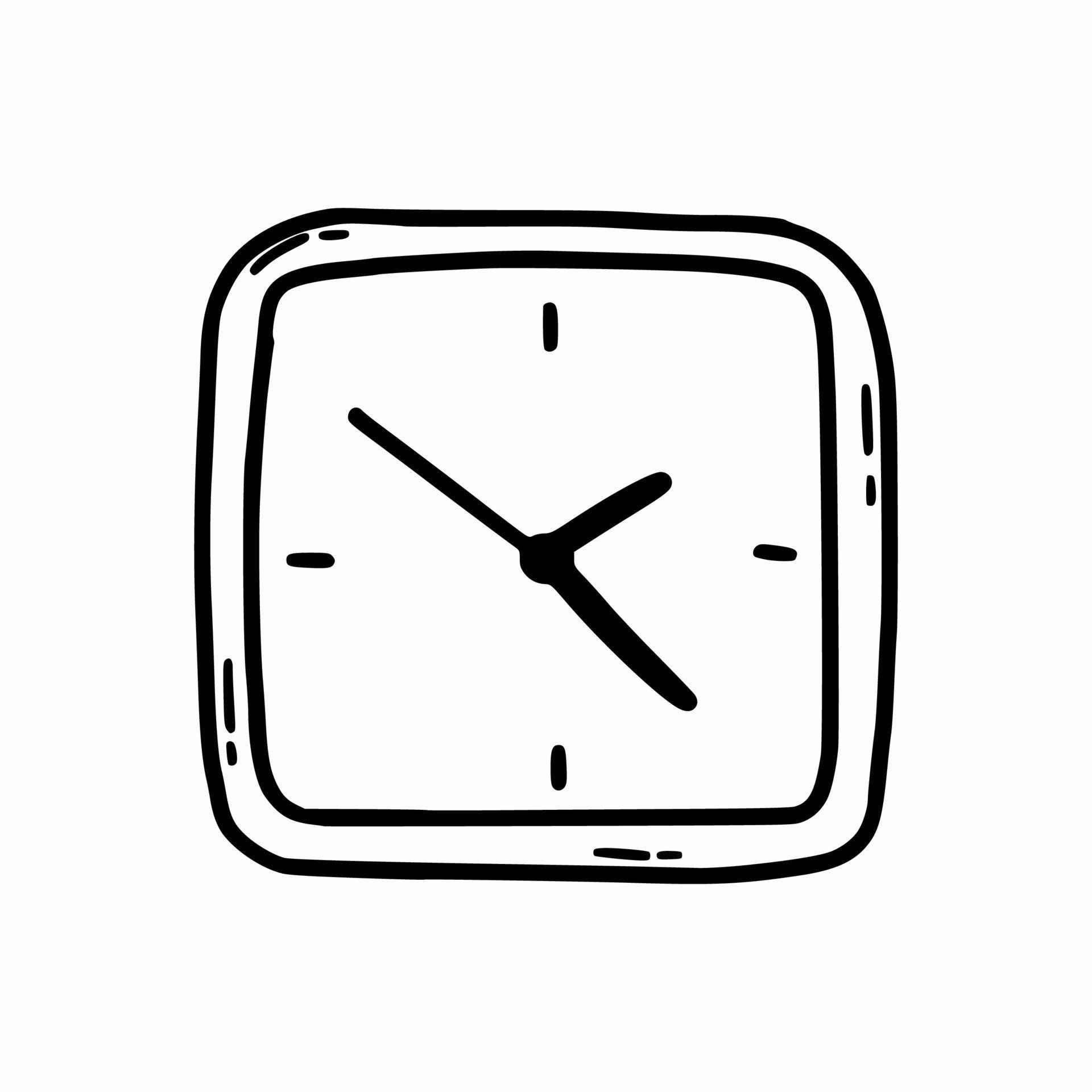 Square wall clock on white background. Vector doodle illustration