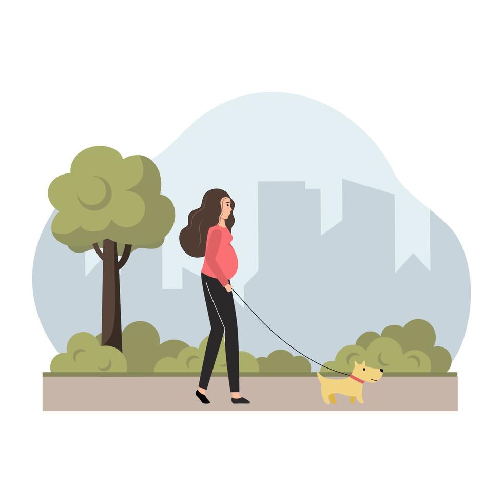 Pregnant woman walks with her dog in city park. Healthy habits and healthy lifestyle. Vector illustration in cartoon style.